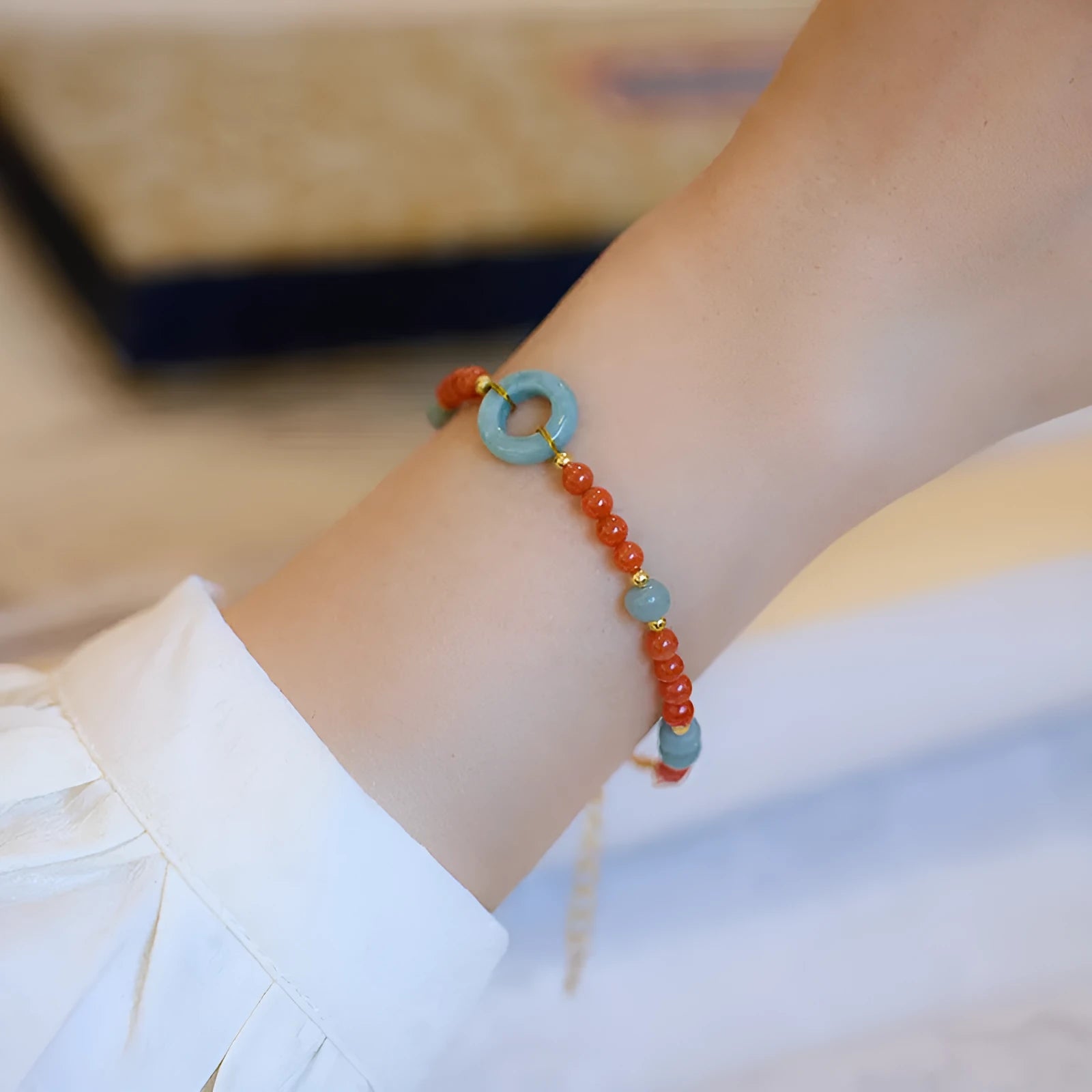 Natural South Red Agate bracelet with adjustable clasp and geometric bead design