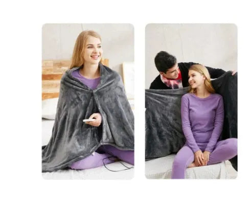 Dark grey USB electric heated blanket made from coral fleece, shown with a USB cable.