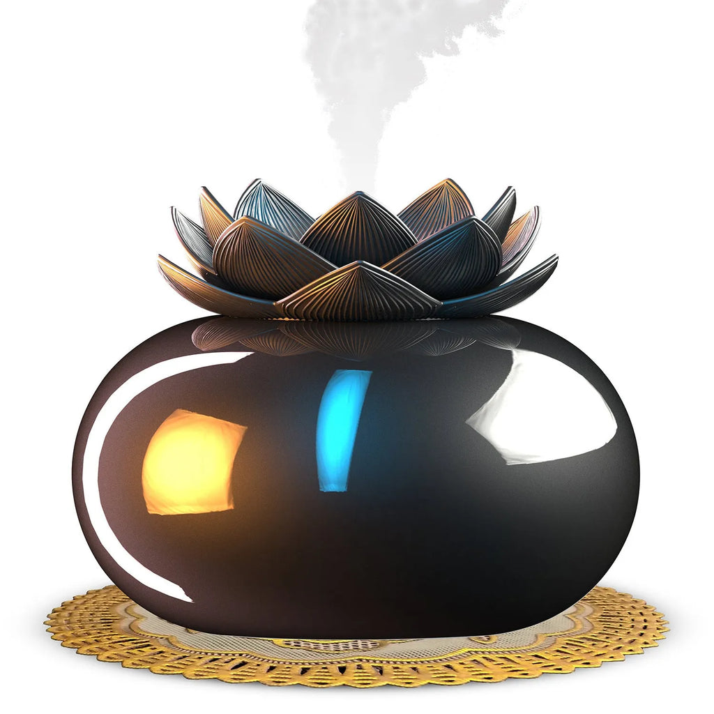 Pure black Lotus aromatherapy humidifier with ceramic diffuser bowl and USB power connection