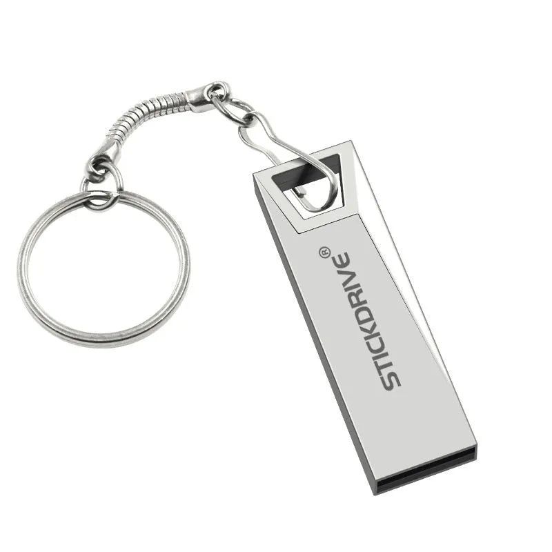 Metal high-speed car design USB flash drive with chain on a black background.