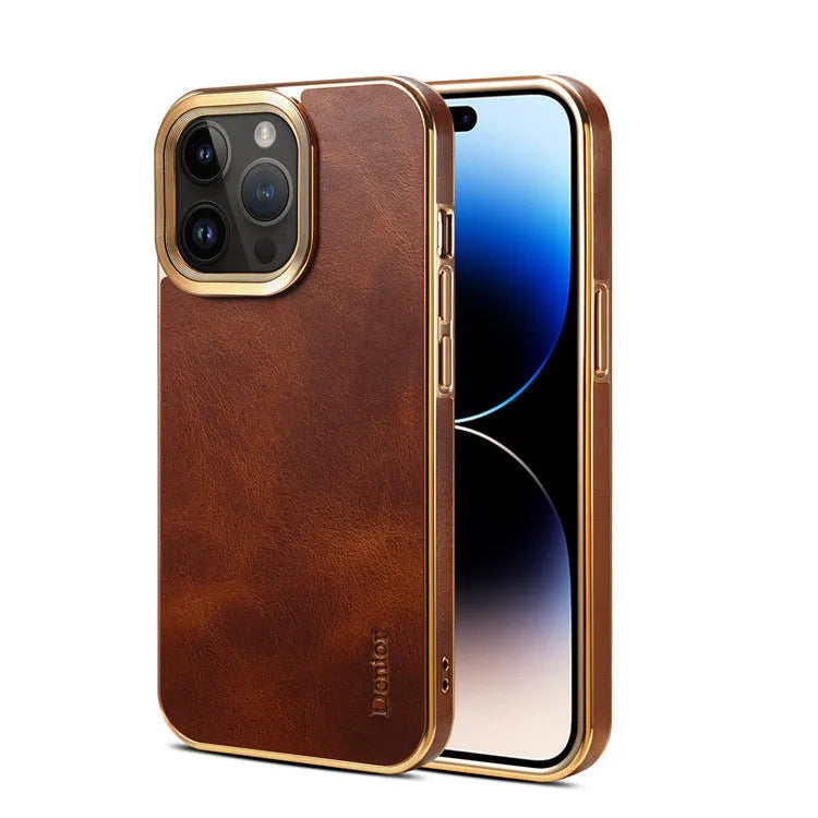 Handmade slim leather iPhone case in black on an iPhone 15