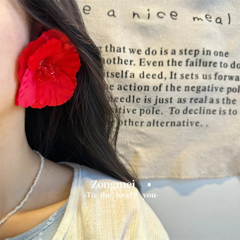 Handmade European American exaggerated red flower earrings with steel needle posts
