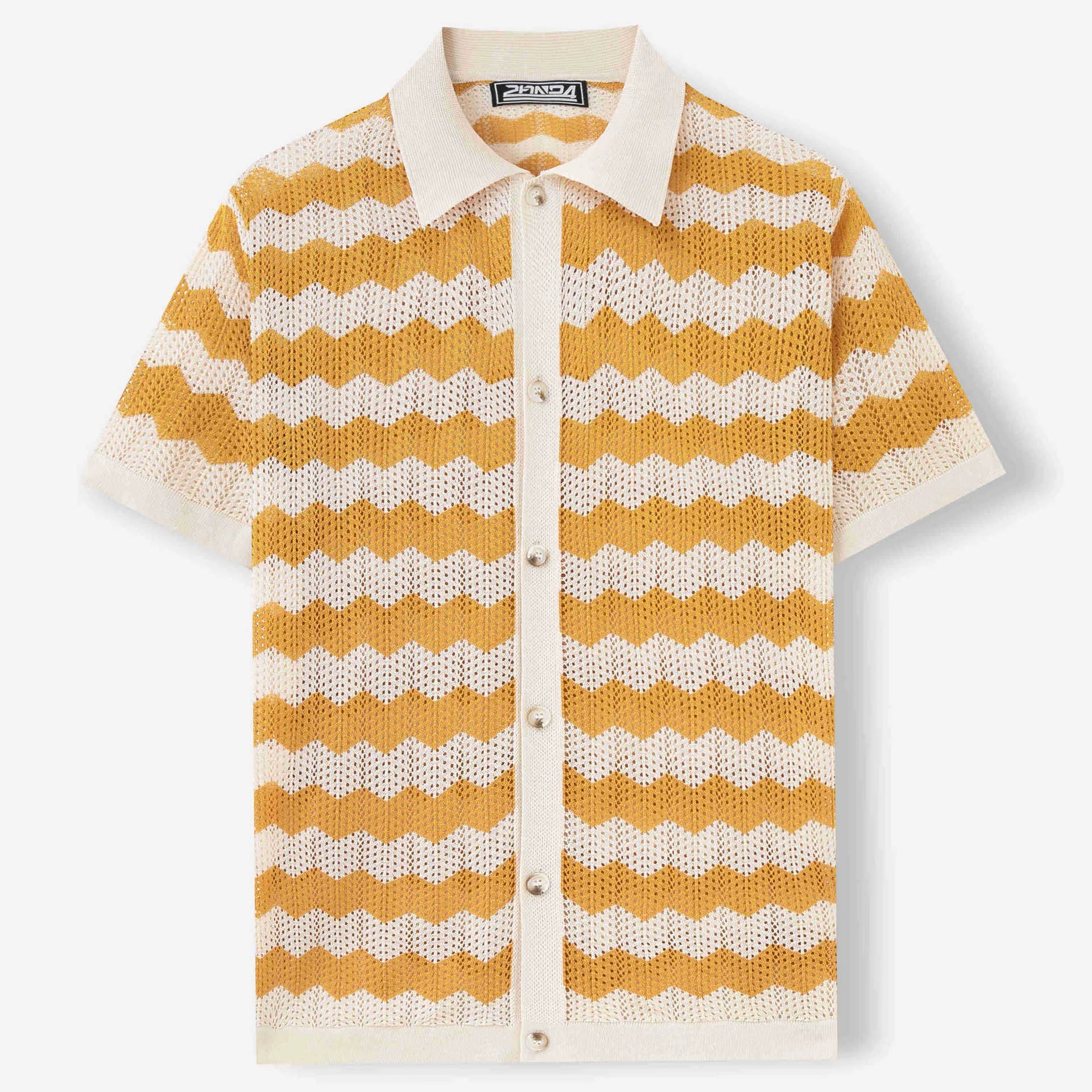 A yellow short-sleeve sweater with a textured corrugated jacquard pattern and a flocked surface detail.