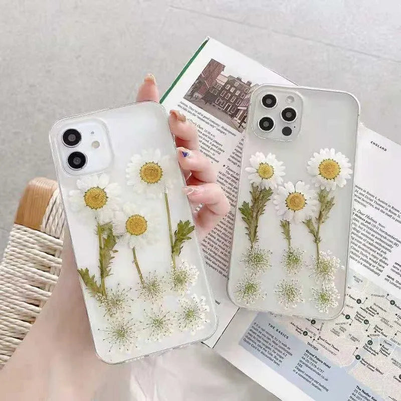 White epoxy daisy floral design TPU protective case for various iPhone models