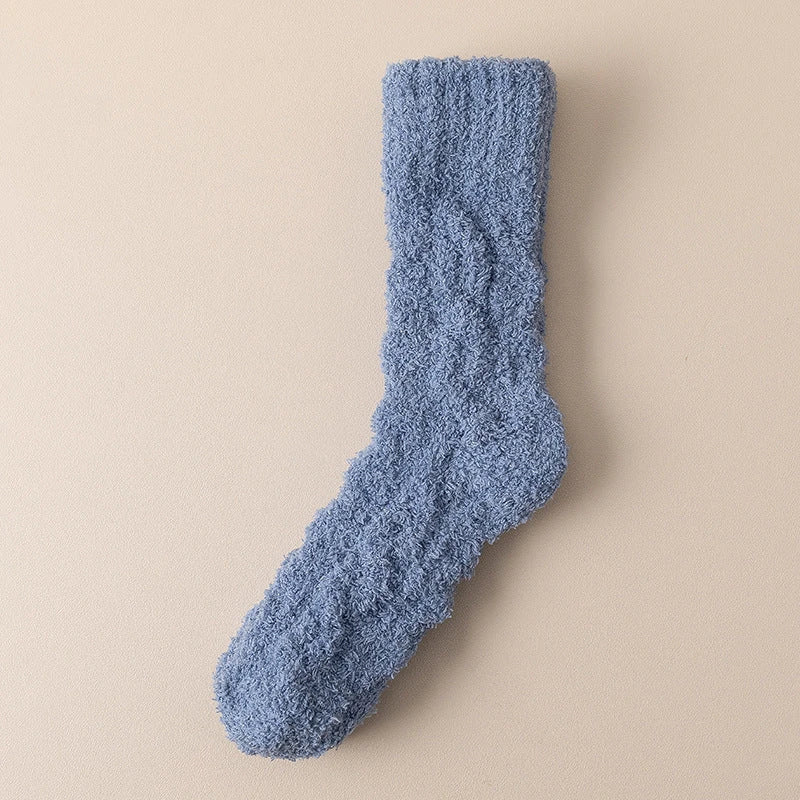 Cozy coral fleece socks in various colors, featuring soft velvet material and anti-slip design for comfort and warmth.