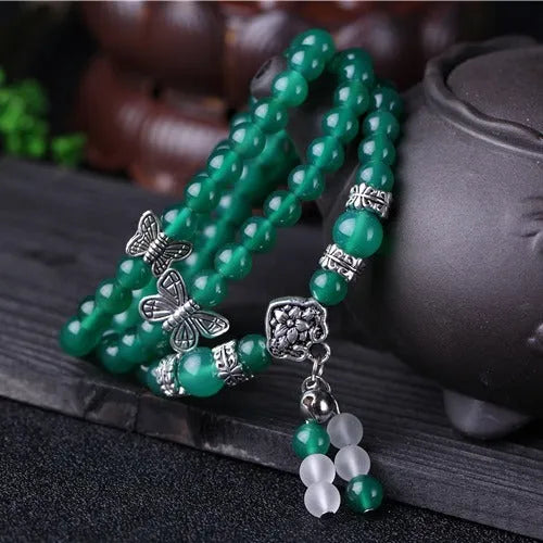 Natural green agate multi-layer bracelet with 6mm beads and three circles
