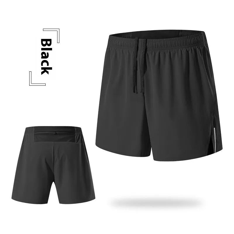 Men's black loose-fit off-road running shorts with a high waist, made from quick-dry fabric.