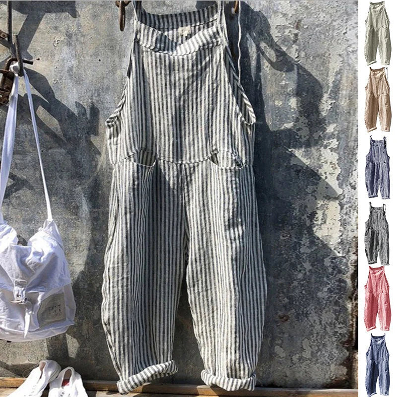 Women's striped bib jumpsuit with pockets, loose wide-leg summer fashion