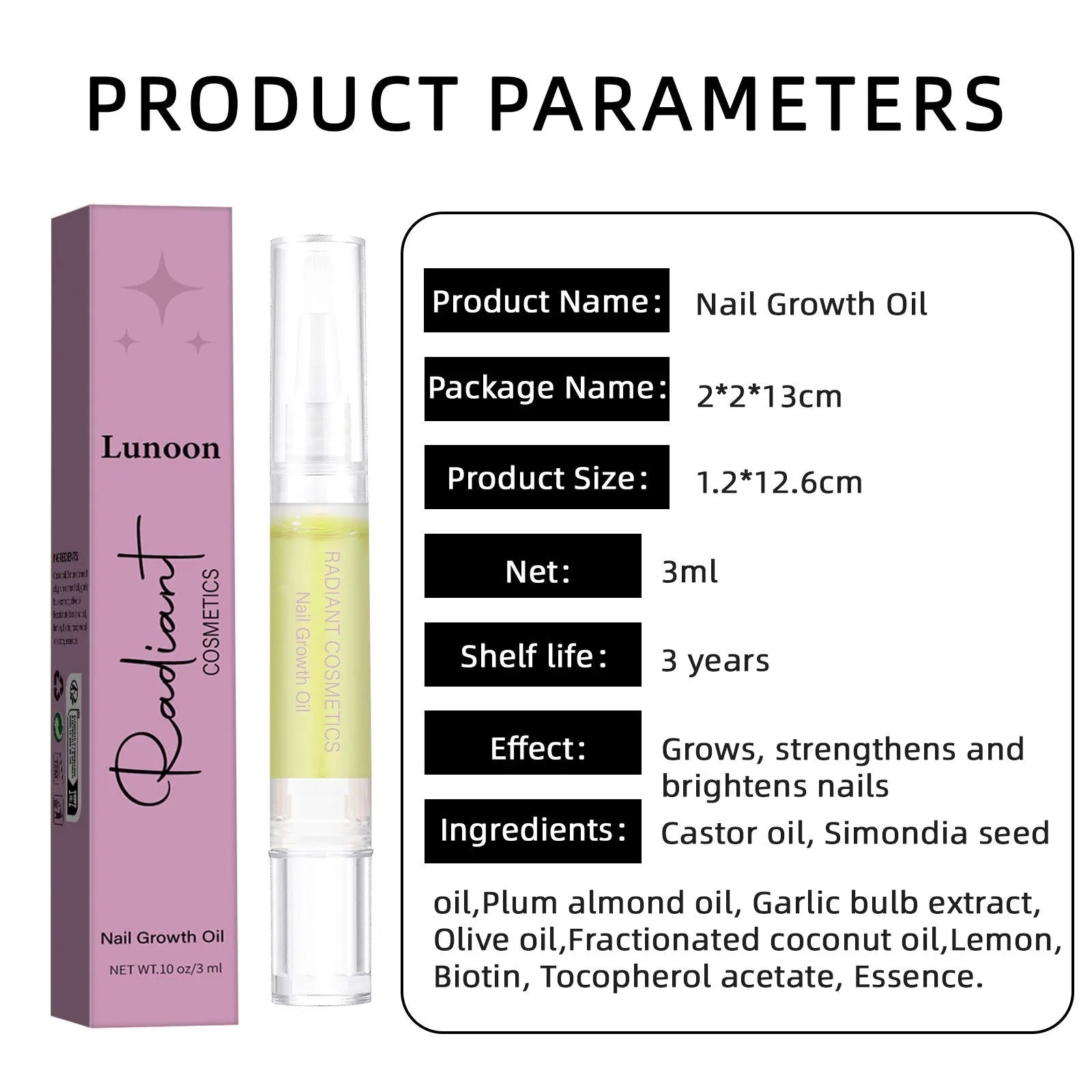 Small 3ml bottle of clear nail growth and cuticle moisturising treatment oil.