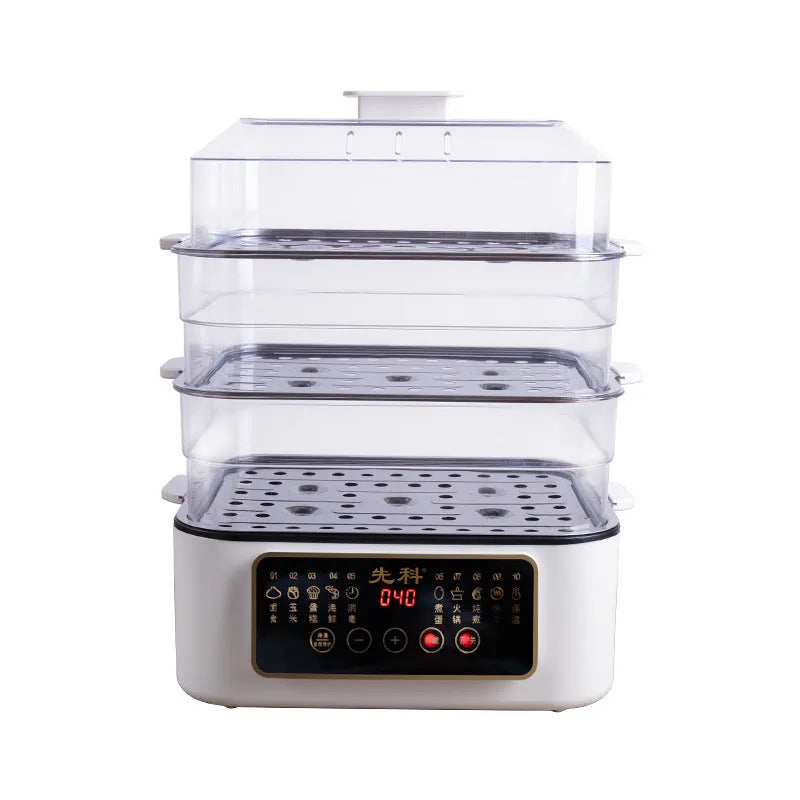28-litre stainless steel electric food steamer with automatic measuring function on a kitchen counter.