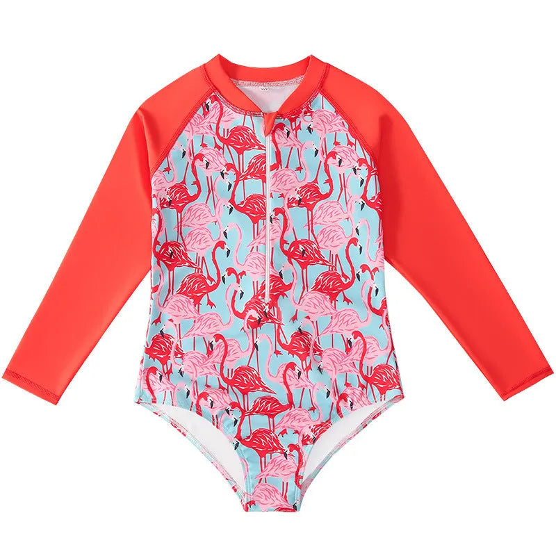 Girl's long-sleeve one-piece swimming suit in briefs style made from polyester fabric