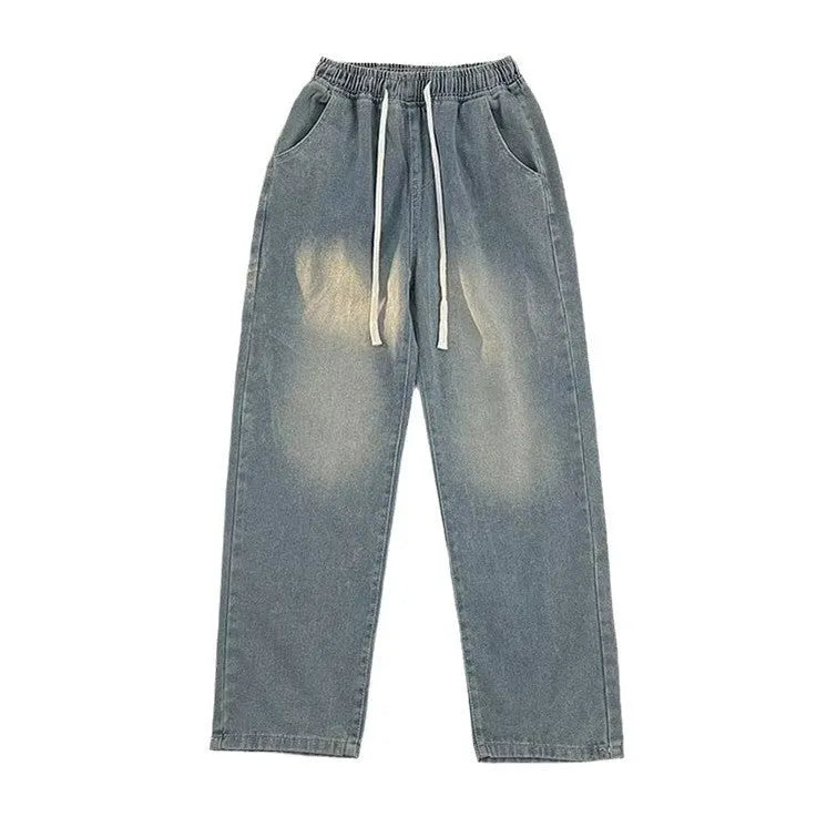 Men's straight-leg jeans in blue with drawstring waist and loose fit casual style