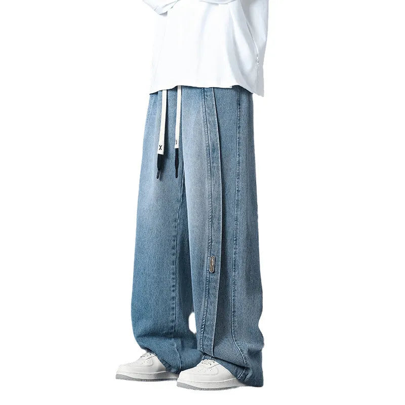 Retro patchwork washed oversized jeans men cotton black blue gray blue plus size trousers