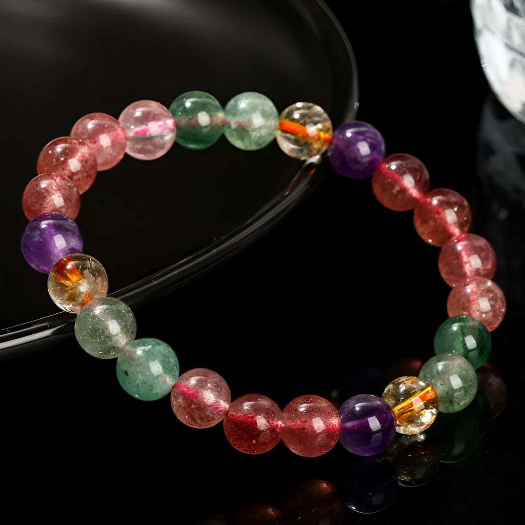 Natural tourmaline colour strawberry quartz bracelet with round beads in geometry style