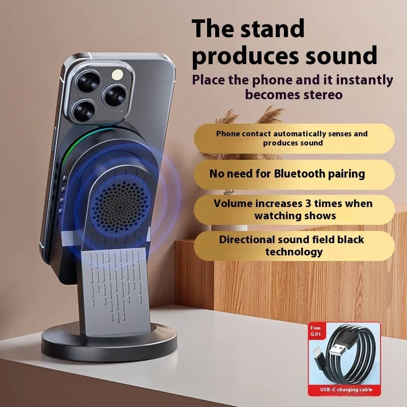 Three-in-one wireless induction speaker Bluetooth speaker bracket in black mirror style with phone holder and built-in battery