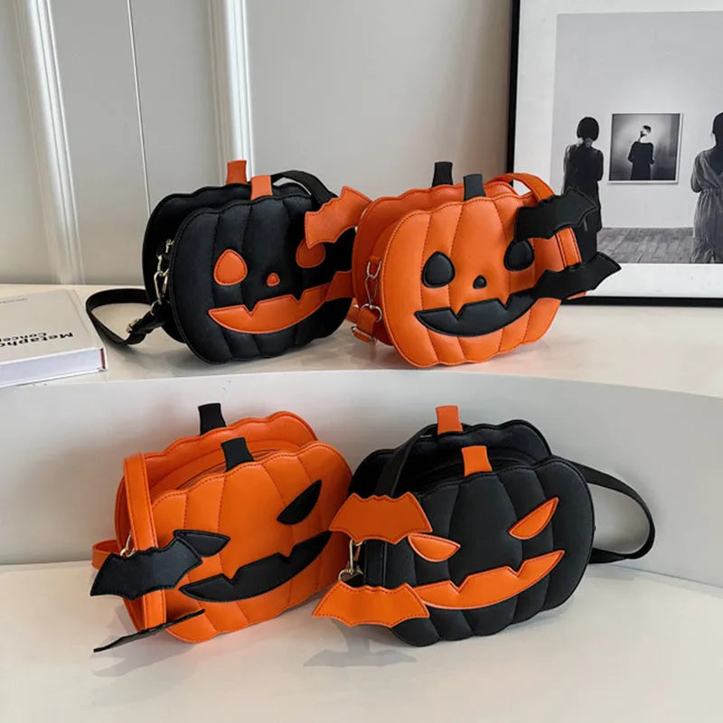 Horizontal view of a PU crossbody bag with pumpkin and bat cartoon design in orange colour option.