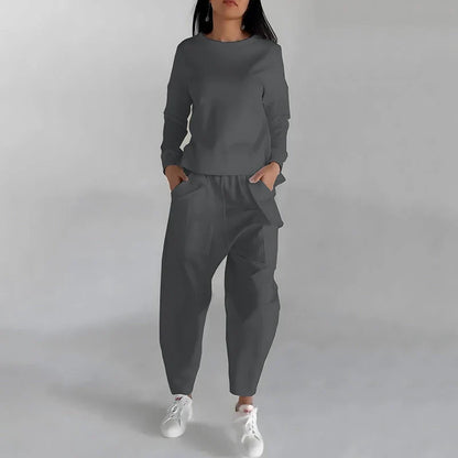 Versatile poly-blend loungewear set in various colors with pockets and back slit design