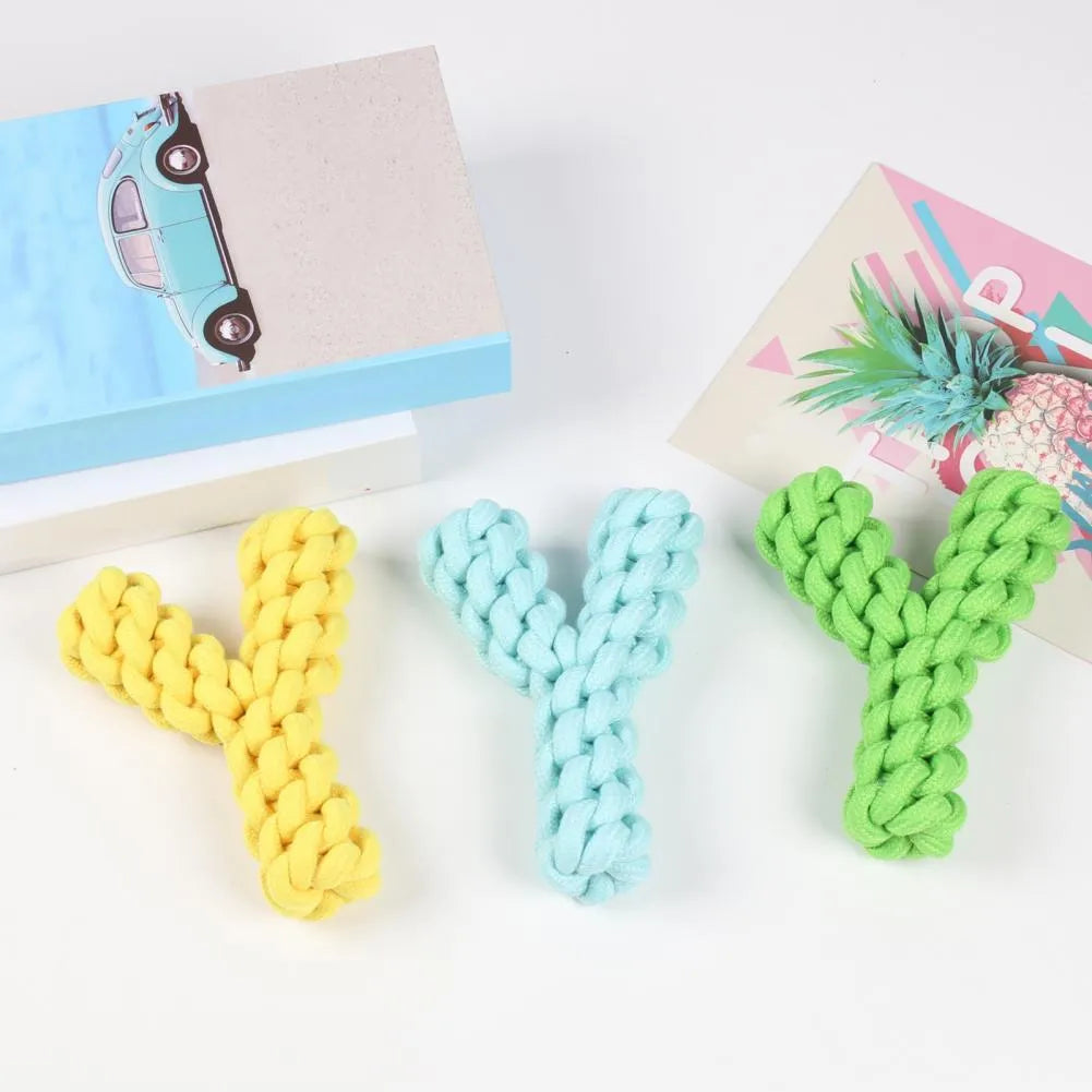 Blue Y-shaped cotton rope dog chew toy for large breeds on a white background.