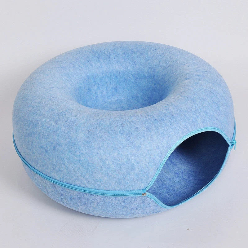 Round woolen felt cat nest with tunnel for interactive play, available in multiple colors and sizes
