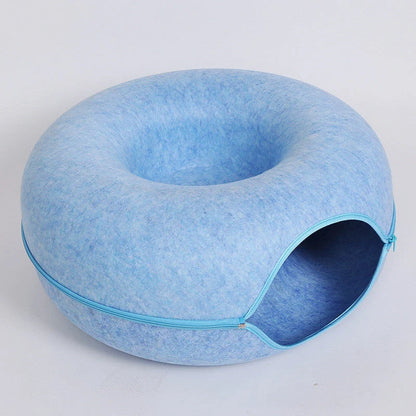 Round woolen felt cat nest with tunnel for interactive play, available in multiple colors and sizes