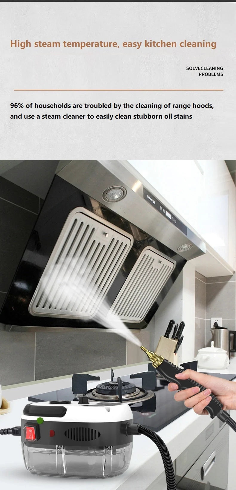 High pressure steam cleaner for kitchens with large glass water tank and multiple nozzles