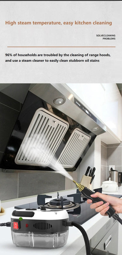 High pressure steam cleaner for kitchens with large glass water tank and multiple nozzles