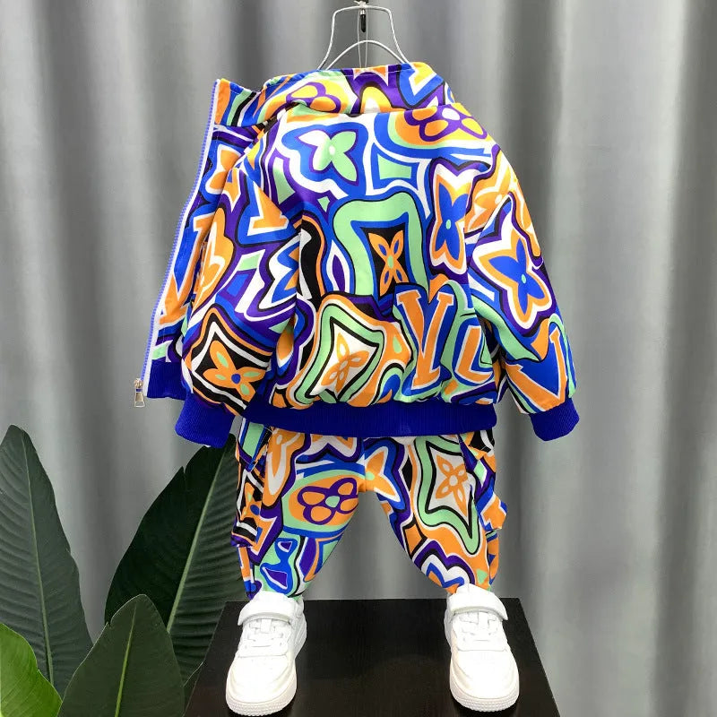 Orange and blue spring children's cotton two-piece shirt and trousers set for boys