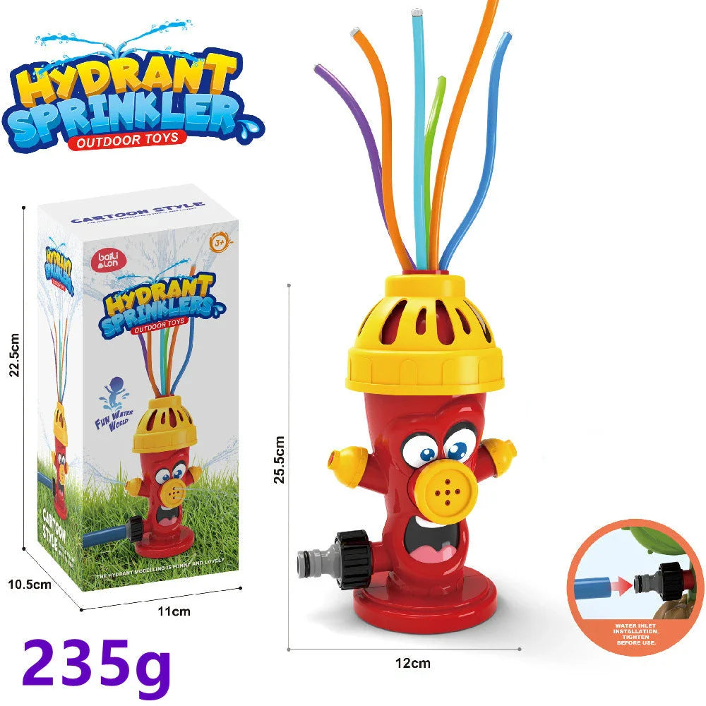 Colorful outdoor sprinkler toy with various water spray designs for backyard summer fun