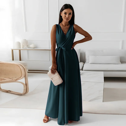 Women’s V-neck sleeveless maxi dress in navy blue with mid-waist belt, polyester fabric, length 144cm size M for party wear