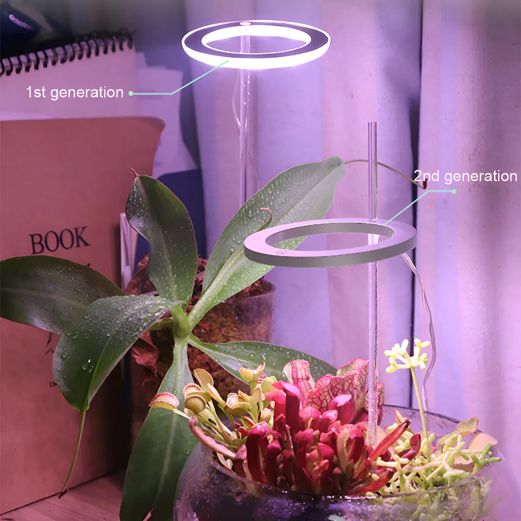 LED grow light with Angel Ring design showing full-spectrum LEDs in zinc alloy housing