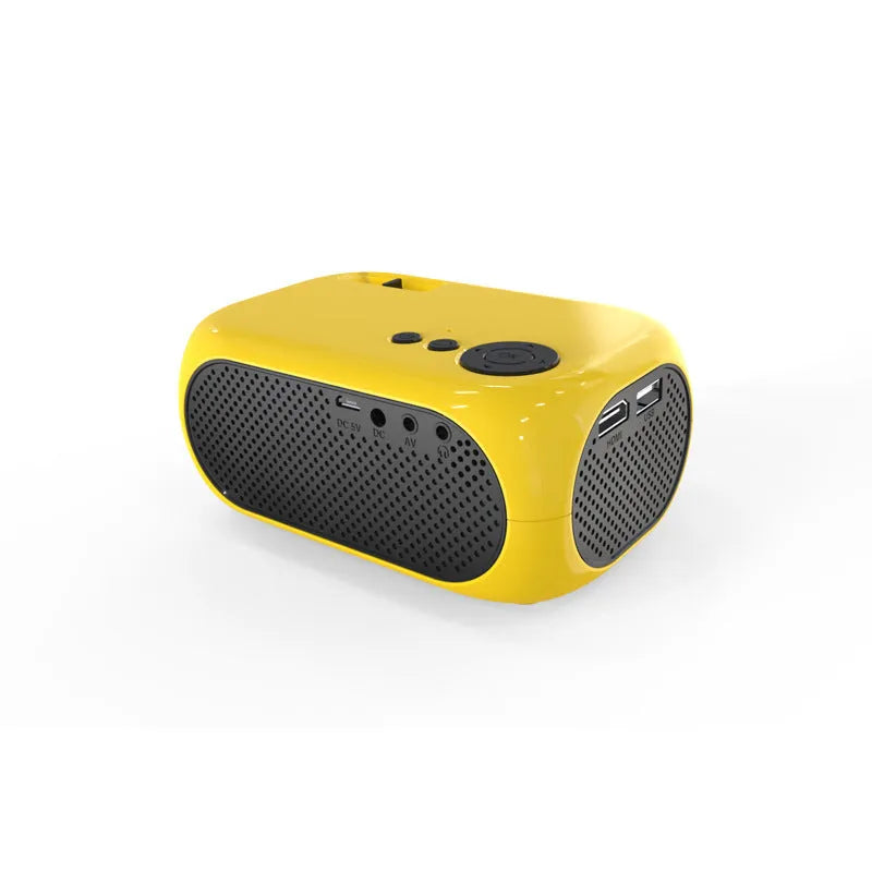 M24 micro mini LED projector in gold or white colour with compact design showing power adapter and AV cable accessories
