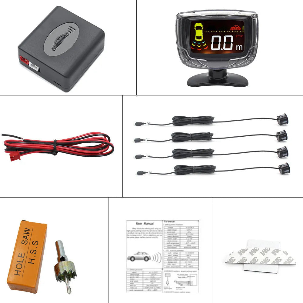 Wireless reversing sensor system with LED display unit, four probes, and installation accessories for vehicle obstacle detection