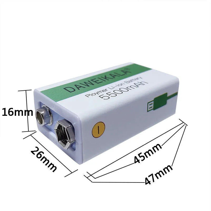 9V rechargeable lithium-ion battery with USB cable for multimeter, 5500mAh, compact 50x30x20mm