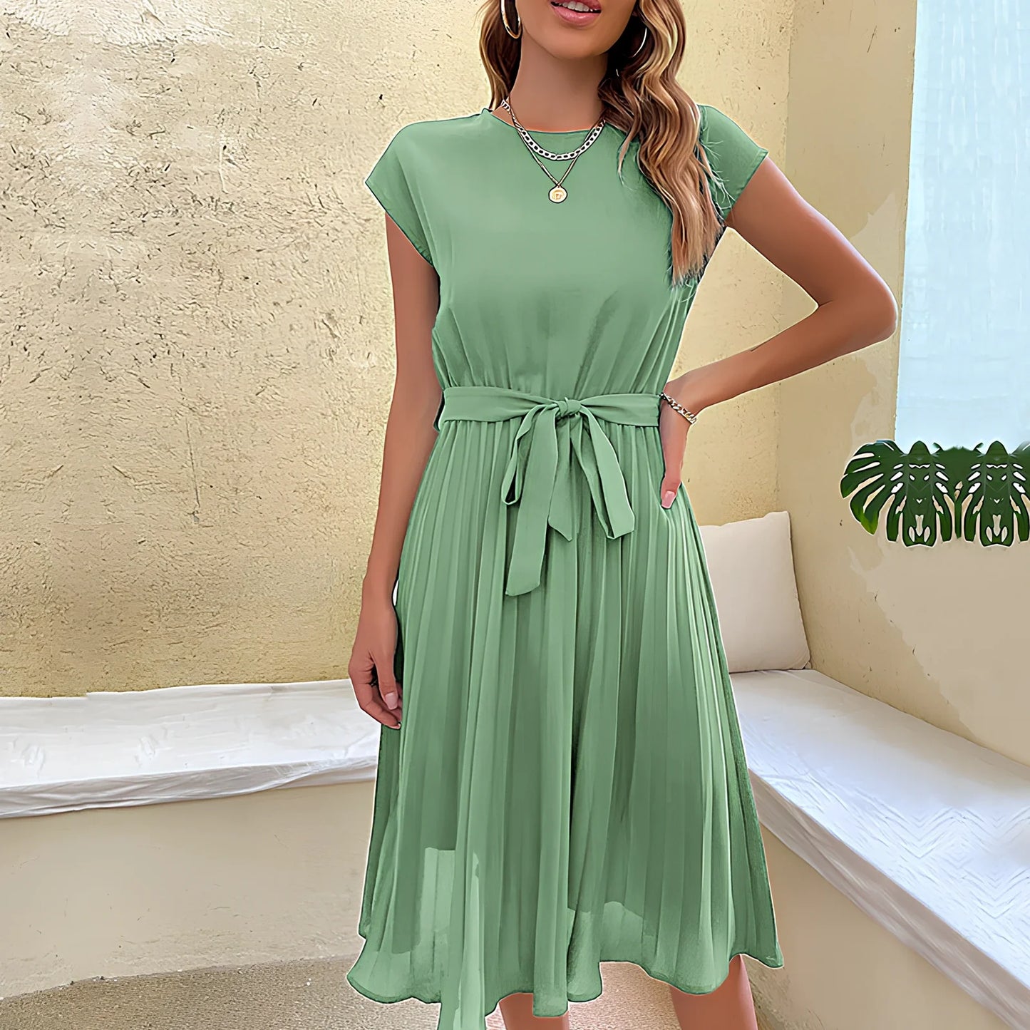 Women's summer pleated short-sleeved polyester dress in navy blue with mid-waist tie, sizes S-2XL, round neck design