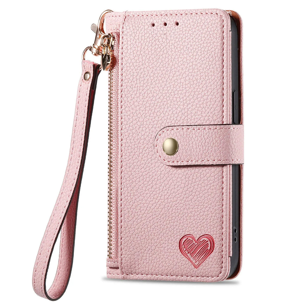 Pink PU leather litchi pattern RFID anti-theft lanyard phone case for iPhone with short lanyard and kickstand