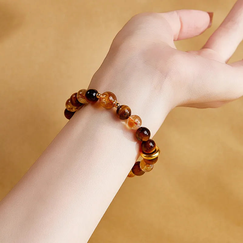 Tigereye beaded bracelet women 8mm crystal dome tiger style sterling silver