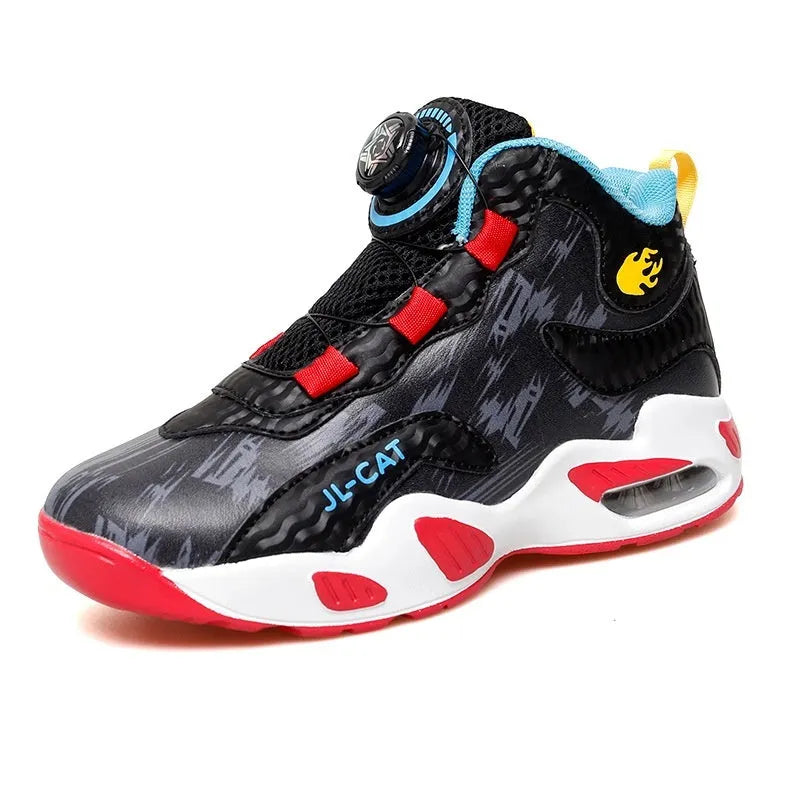 Boys rotating button basketball running shoes in black, available in youth and children's sizes.