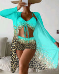 Women's three-piece swimsuit set with high waist shorts and matching coat in polyester fabric