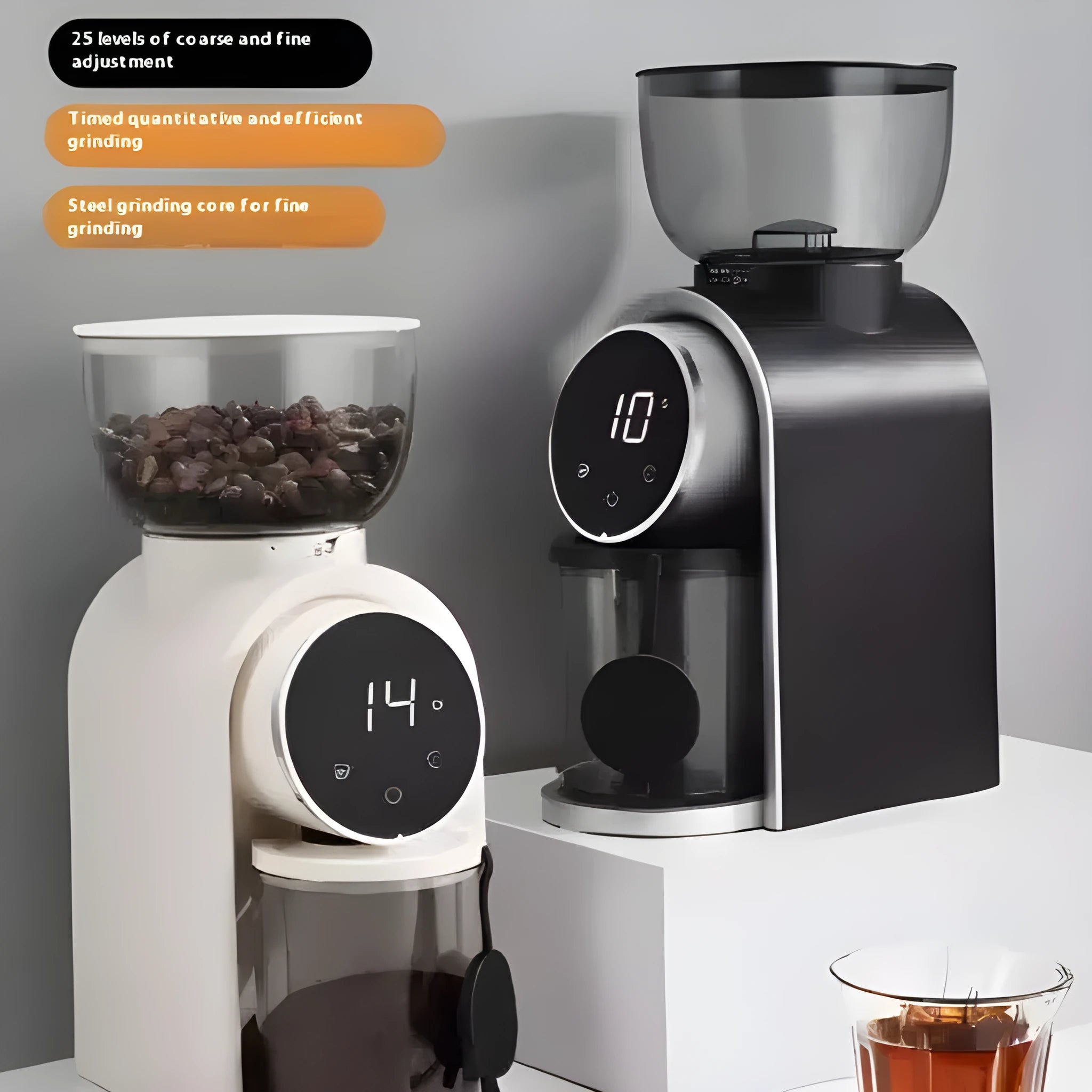 Smart electric coffee grinder with adjustable scale in black plastic body