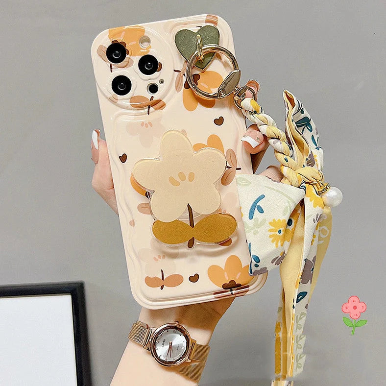 Autumn leaves floral pattern phone case with silk scarf and folding bracket for iPhone