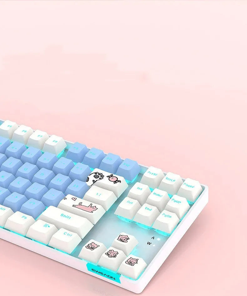 TK916 87-key green shaft RGB mechanical keyboard with metal panel and USB cable, white and pink colour