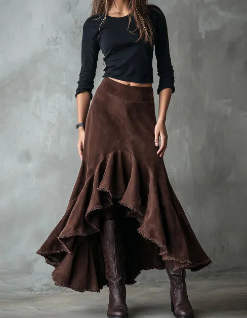 Brown women's maxi skirt with asymmetric high-low hem and western ruffle detailing