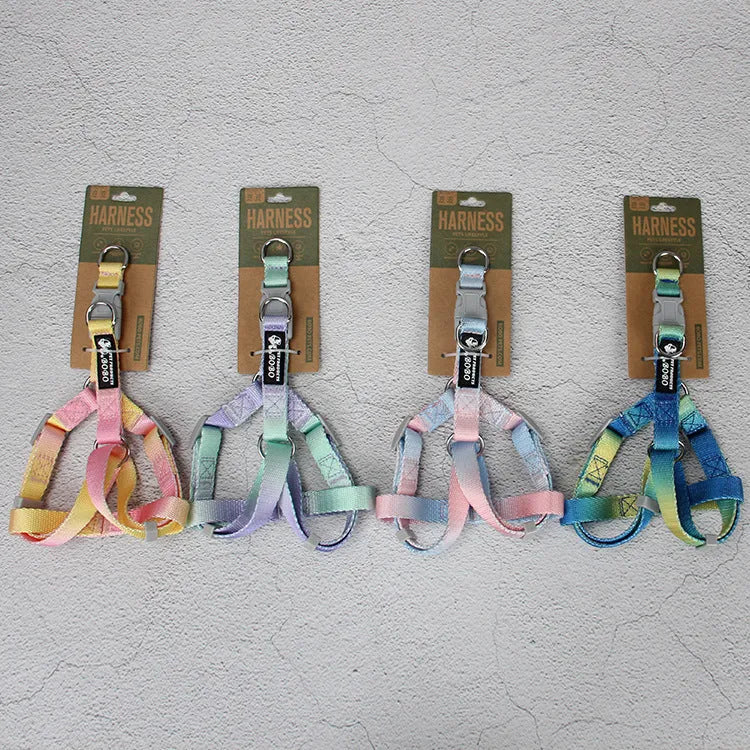 Gradient colour nylon dog leash set with matching collar and chest harness in pink blue pattern