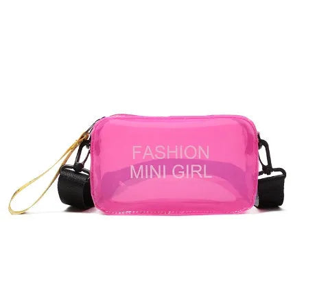 Transparent square jelly cross-body shoulder bag with adjustable strap in multiple colour options.