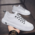 Men's casual white PU shoes with Korean-style design, round toe and flat low heel