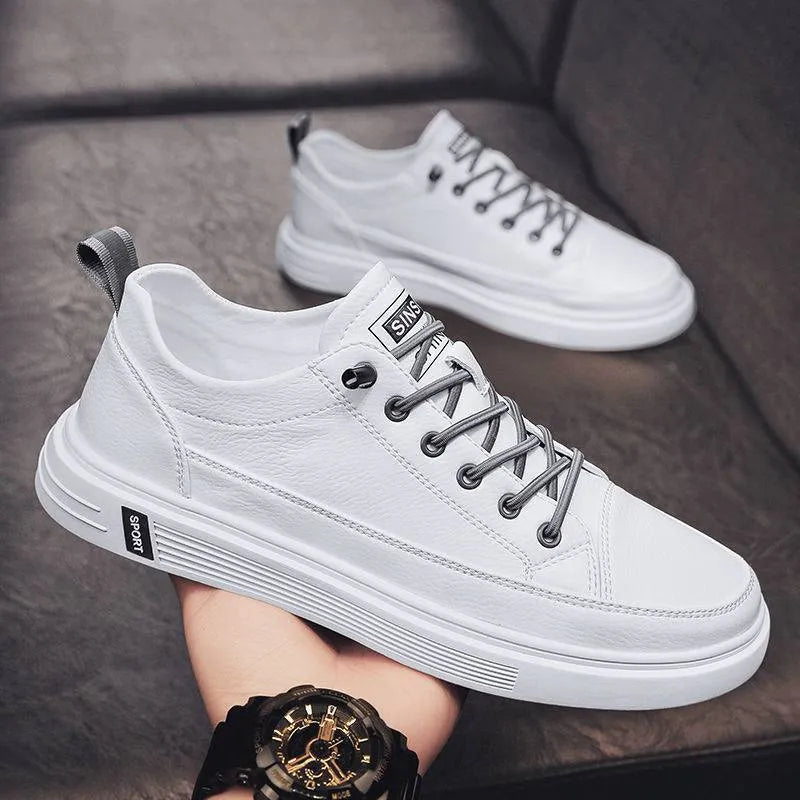 Men's casual white PU shoes with Korean-style design, round toe and flat low heel