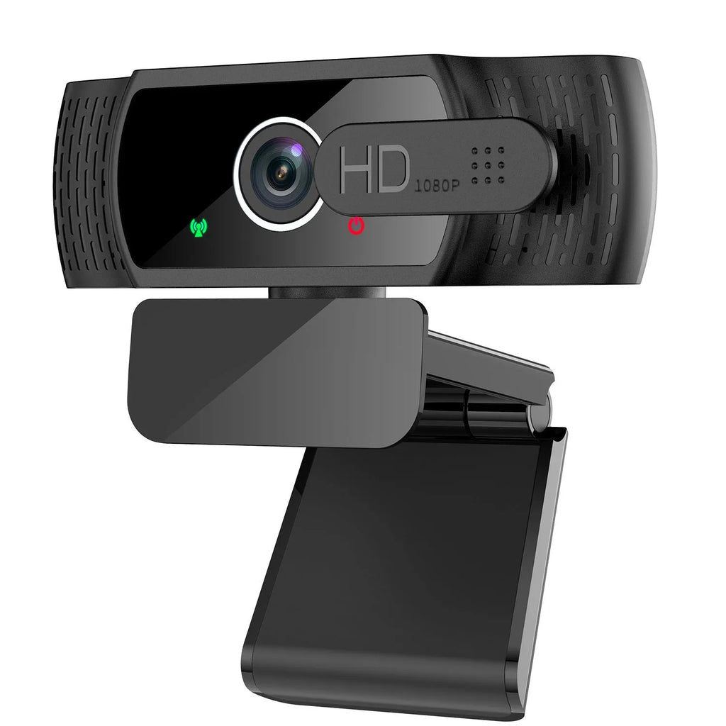 Black USB webcam with built-in microphone on a laptop screen, showing 360-degree rotation.