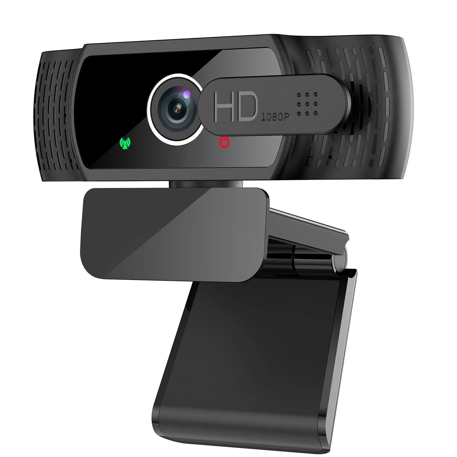 Black USB webcam with built-in microphone on a laptop screen, showing 360-degree rotation.