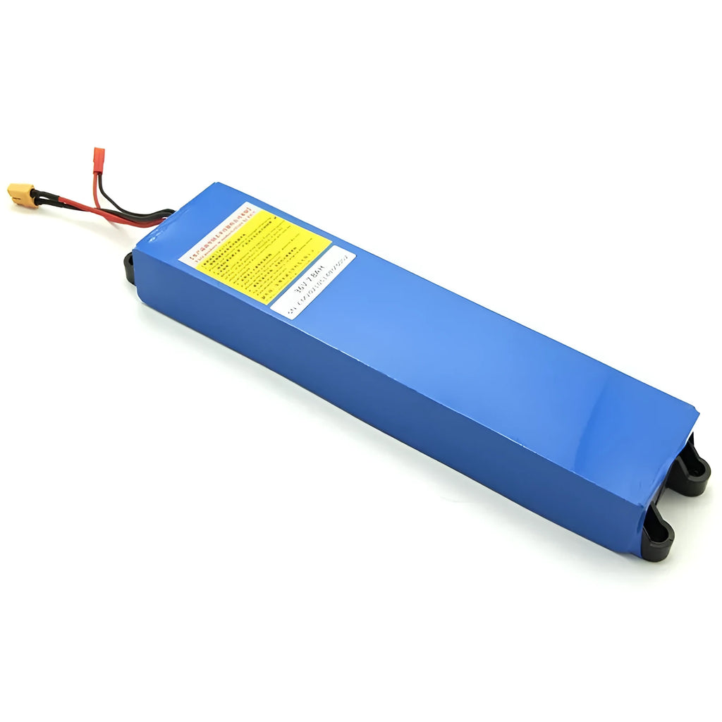 Black 36V lithium-ion electric scooter battery pack showing three capacity options: 6.6Ah, 7.8Ah, and 10.4Ah.