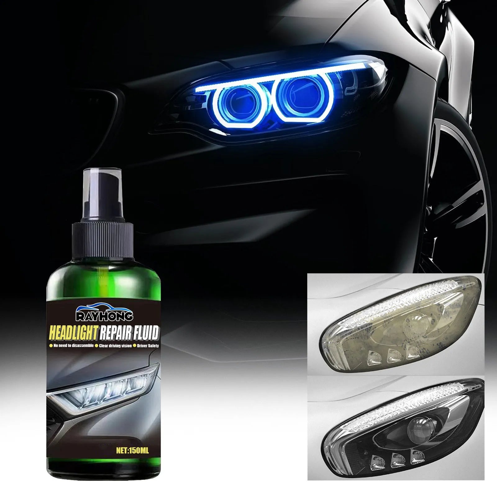 150ml bottle of car headlight repair liquid for restoring yellowed plastic lenses.